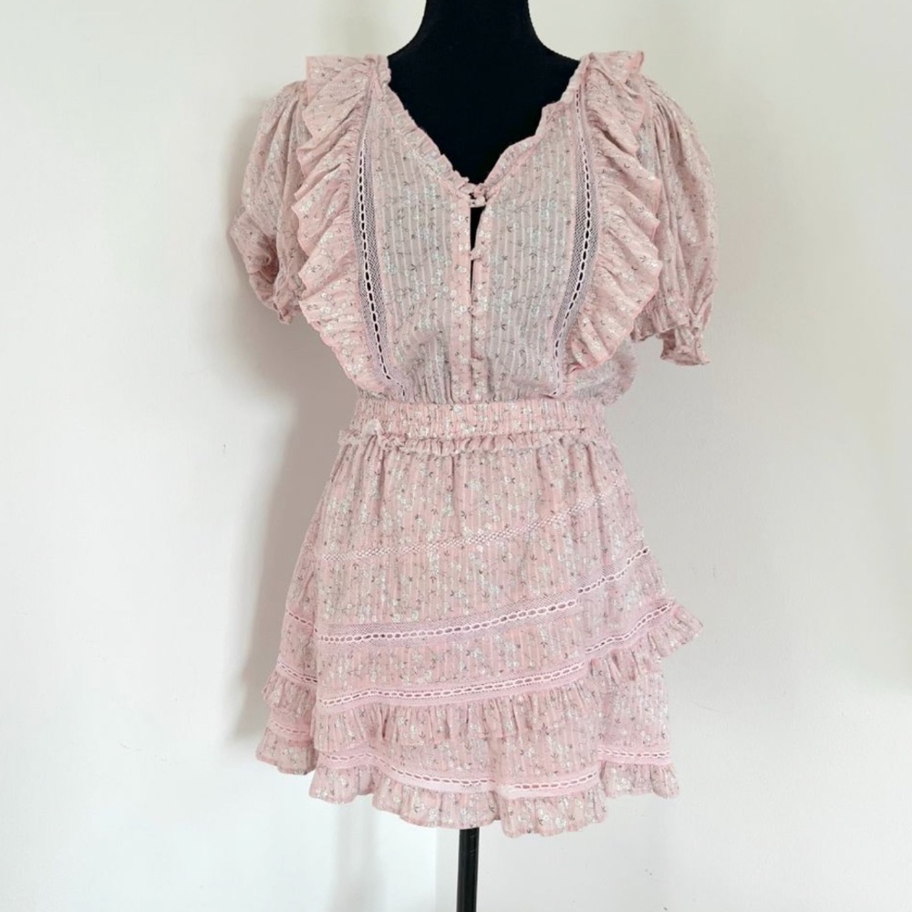 LoveShackFancy Pink Floral Ruffle Mini Dress - size medium
